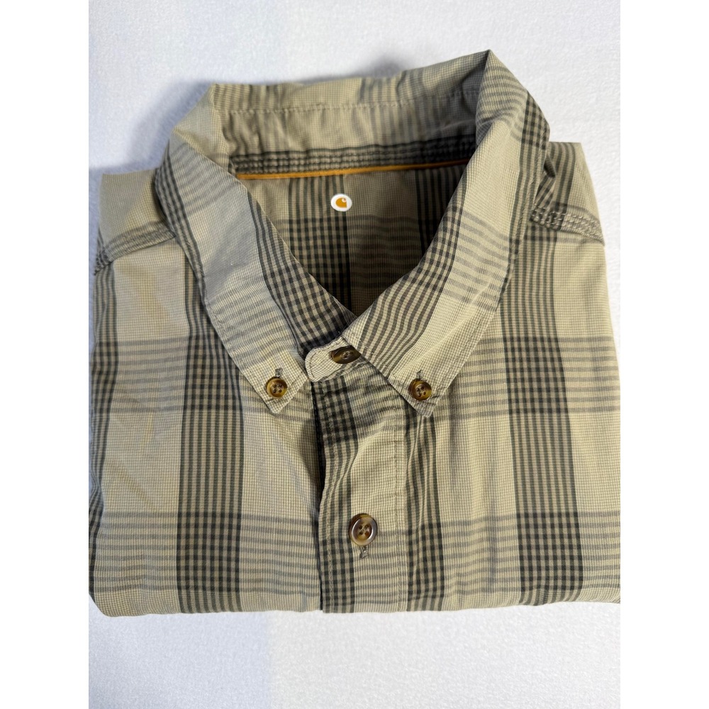 Carhartt Mens Short Sleeve Button Down Shirt Plaid Tan Grey Ventilated Back L